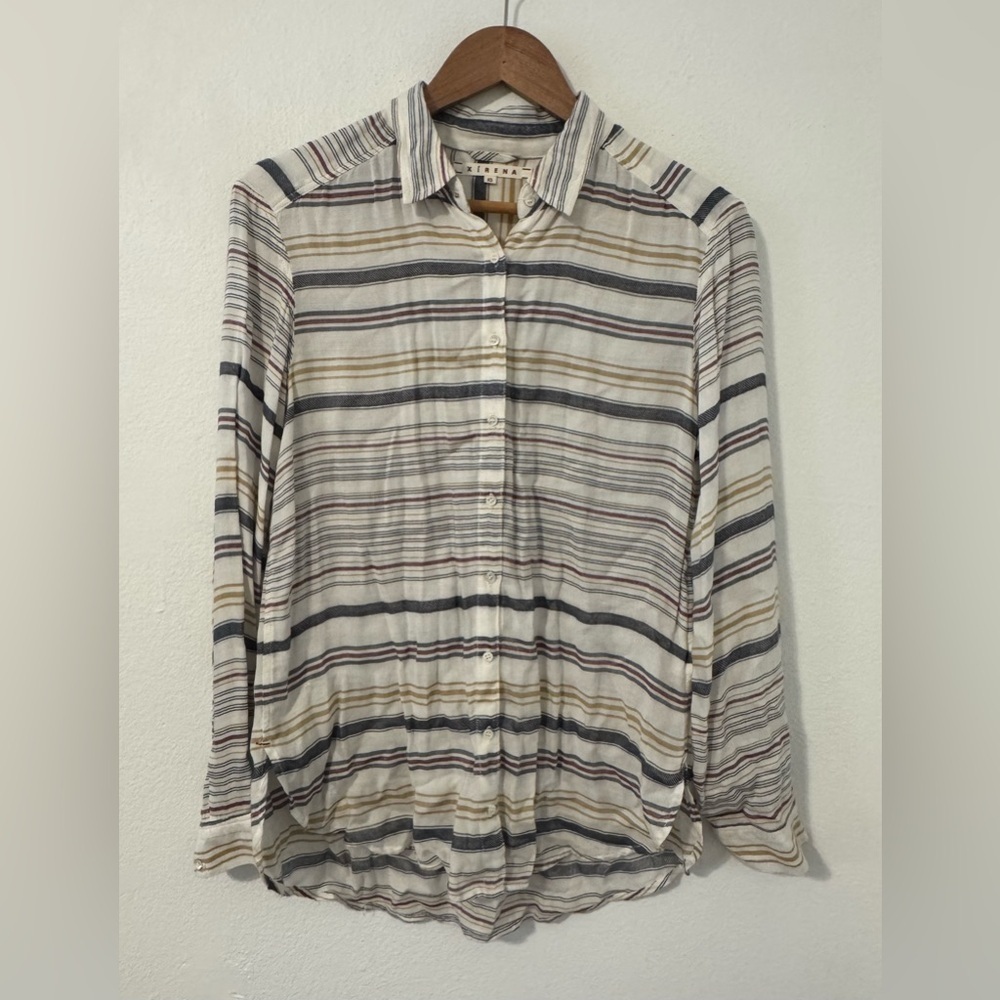 Xirena Multi Color Striped Button Up Shirt Boho Relaxed Fit Rayon Size XS